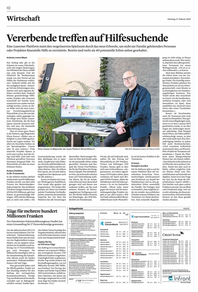 Wirtschaftsartikel über Erbrecht in Luzern, 2023.